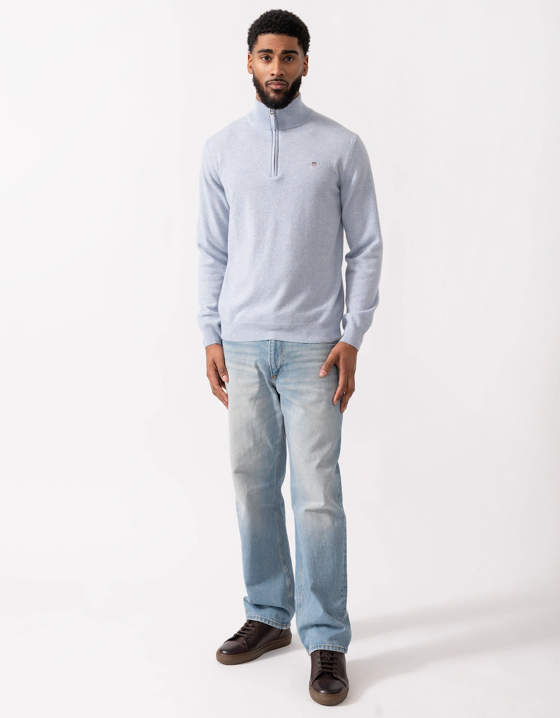 Mens Superfine Lambswool Half Zip Cardigan - 498 Ice Blue Melange