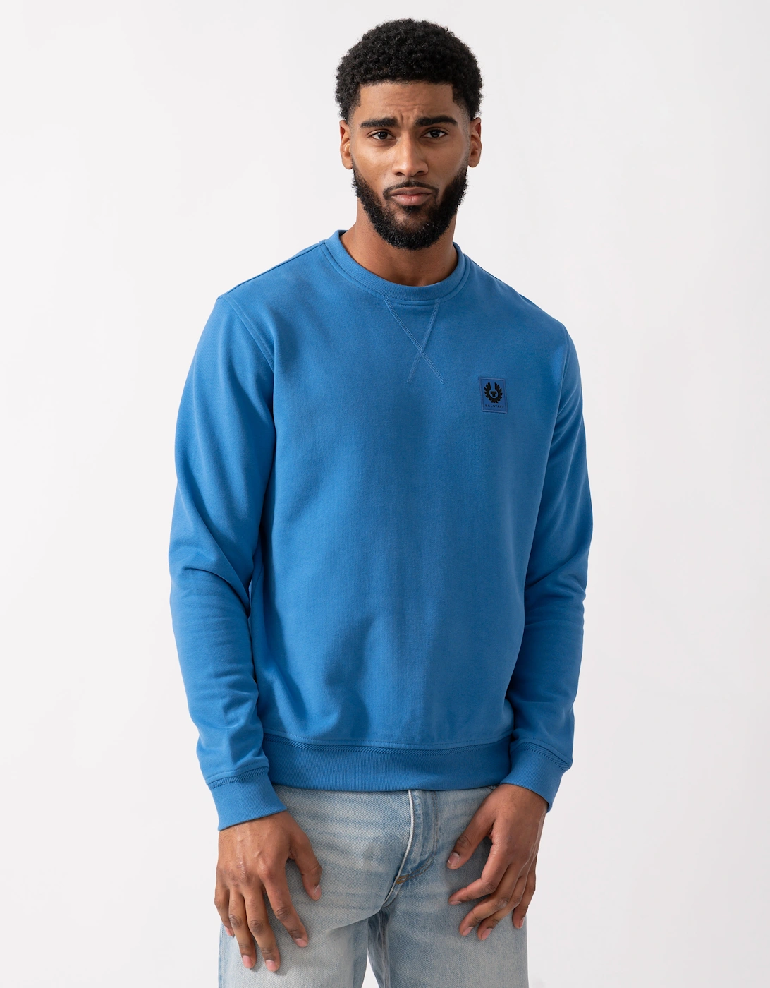 Belstaff Men's Navy Crew Neck Sweatshirt With Logo Patch - Marine Blue  38 M
