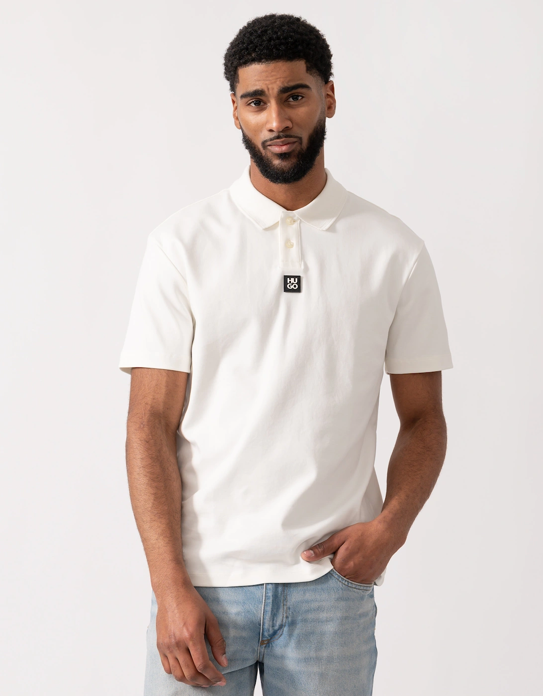 Hugo Boss Men's White Hugo Deabono Interlock Cotton Polo Shirt With Stacked Logo - Natural 103 - Size: 40