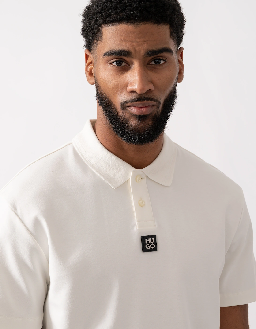 HUGO Deabono Mens Interlock Cotton Polo Shirt with Stacked Logo - Natural 103