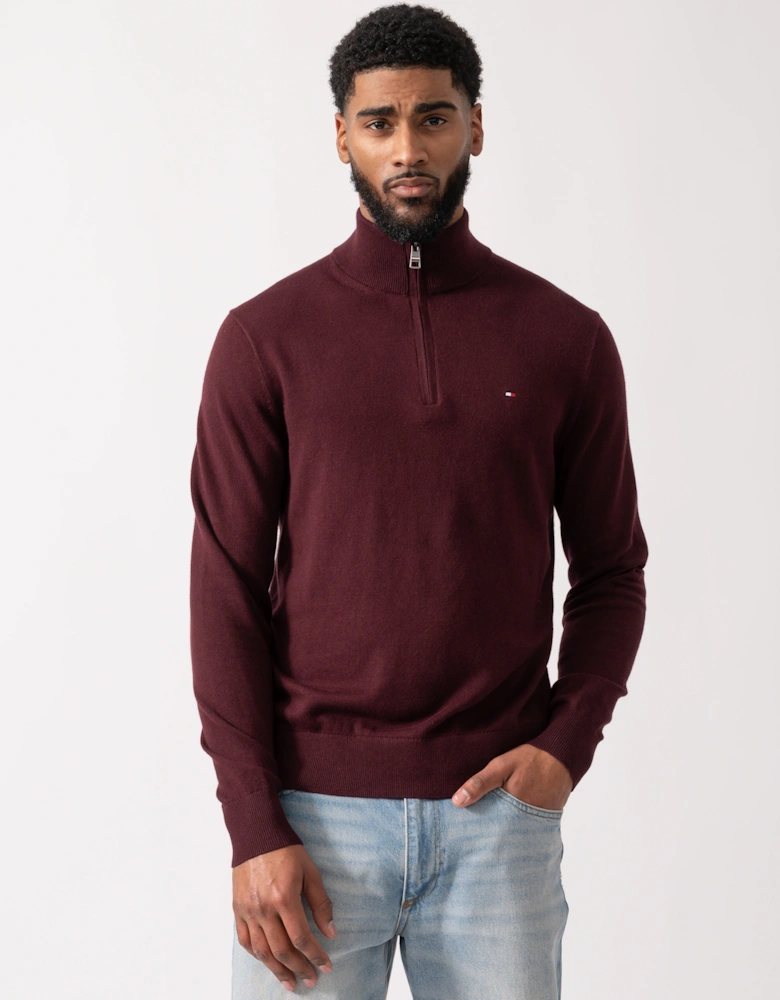 Organic Cotton Cashmere Mens Zip-Mock Sweater - Deep Burgundy