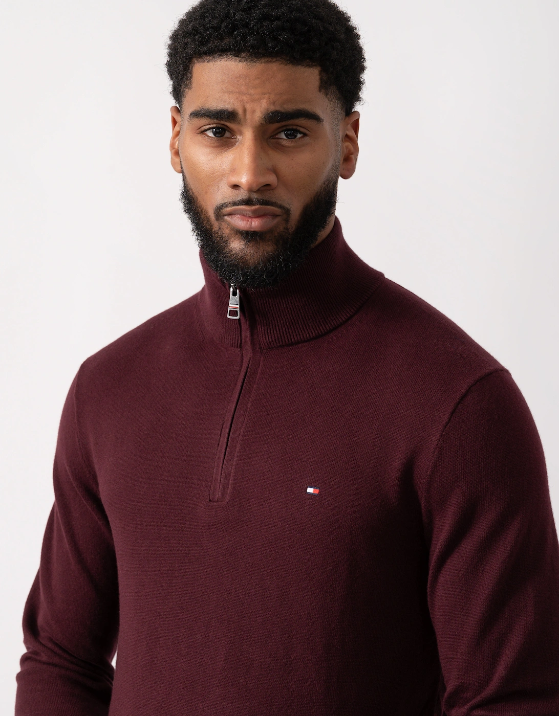 Organic Cotton Cashmere Mens Zip-Mock Sweater - Deep Burgundy