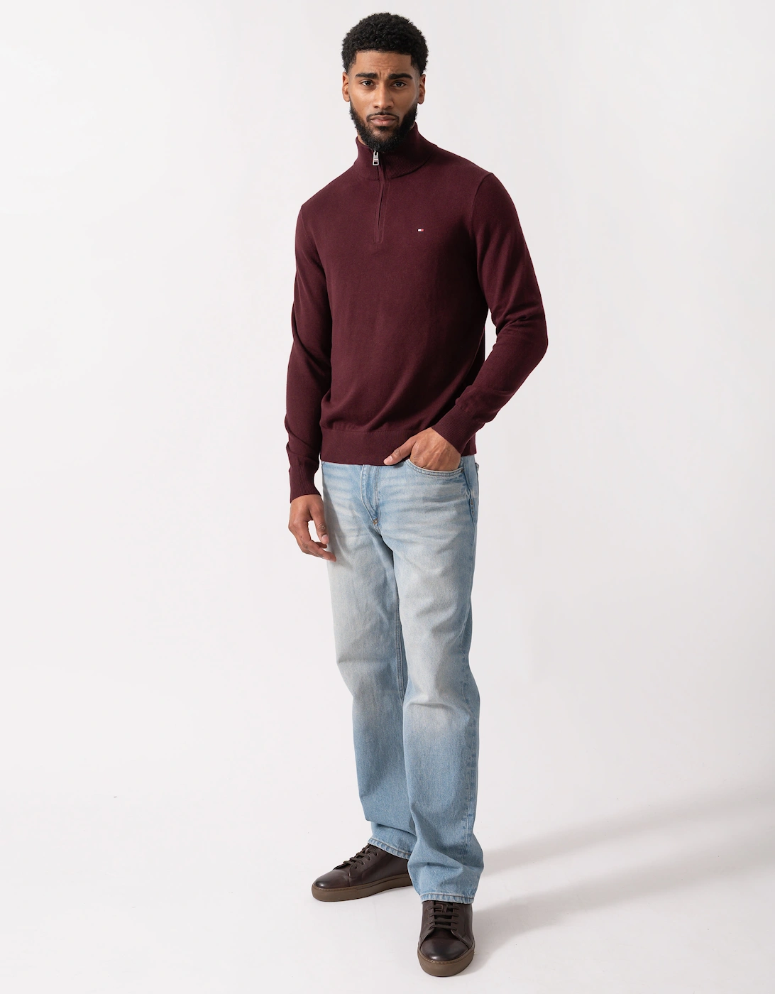 Organic Cotton Cashmere Mens Zip-Mock Sweater - Deep Burgundy