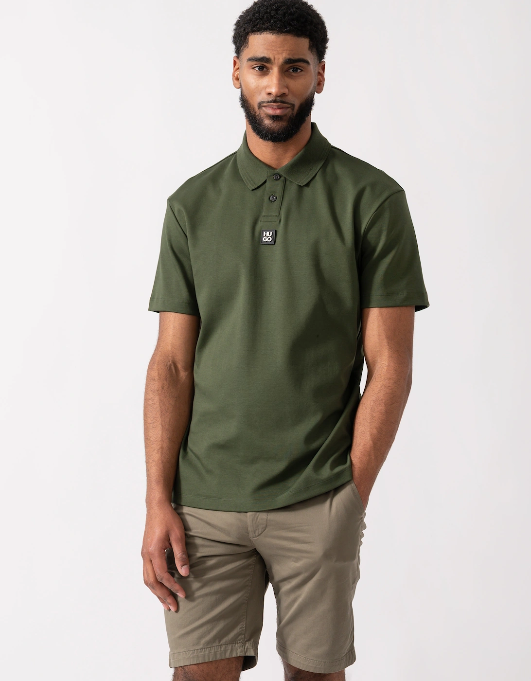 HUGO Deabono Mens Interlock Cotton Polo Shirt with Stacked Logo - Dark Green 309, 5 of 4