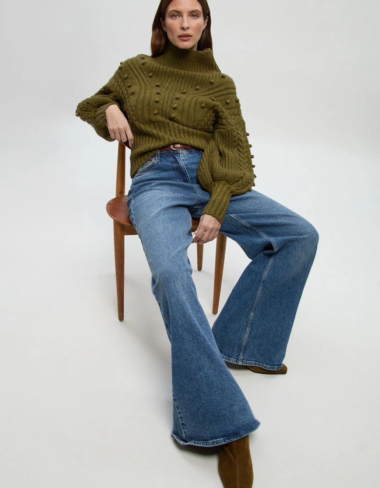 Bobble Detail Balloon Sleeve Cable Knit Viscose Blend Jumper