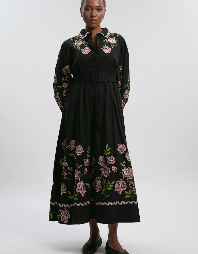 Plus Size Rose Embroidered Cotton Twill Woven Shirt Dress With Eyelets