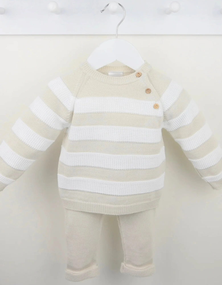 Boys Beige Knit Stripe Pant Set