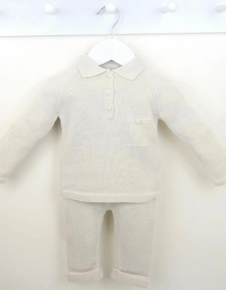 Boys Beige Knit Polo Pant Set