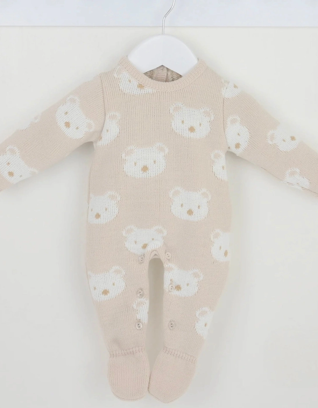 Boys Beige Knit Bear Babygrow, 2 of 1