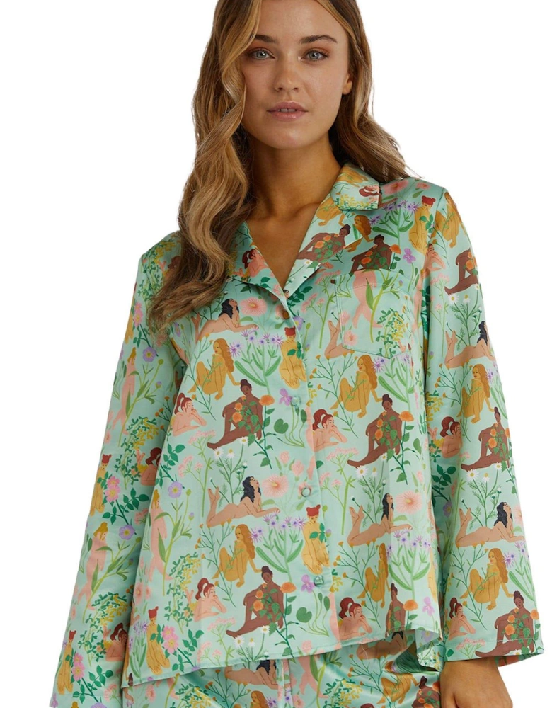 Bodil Jane Nudes And Flowers Drop Hem Satin Long Sleeve 'Pj Top'