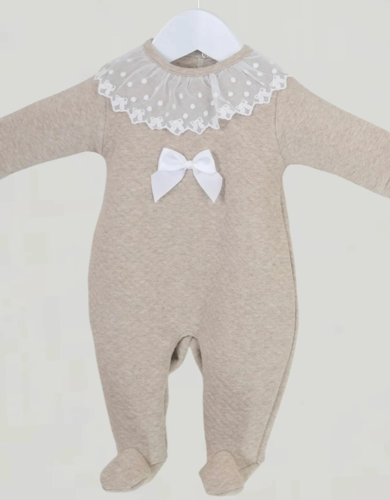 Girls Beige Quilted Collared Babygrow