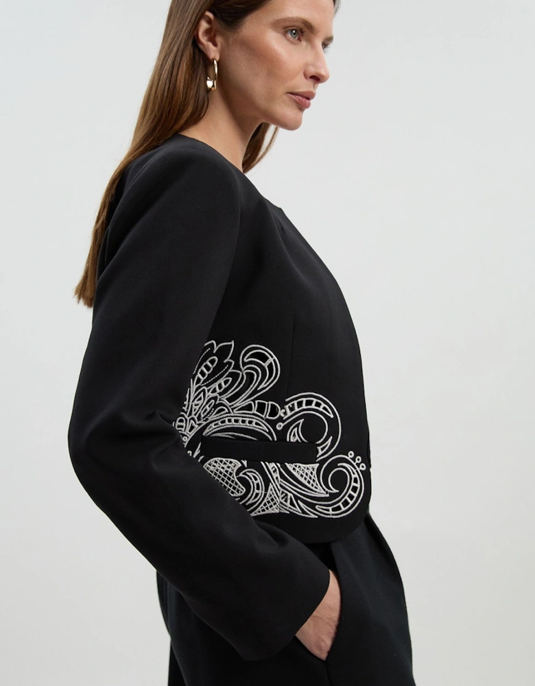 Tailored Cutwork Detail Collarless Jacket