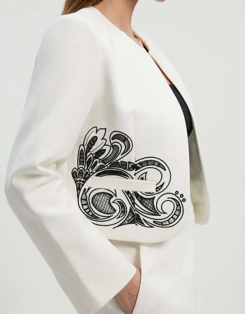 Tailored Cutwork Detail Collarless Jacket