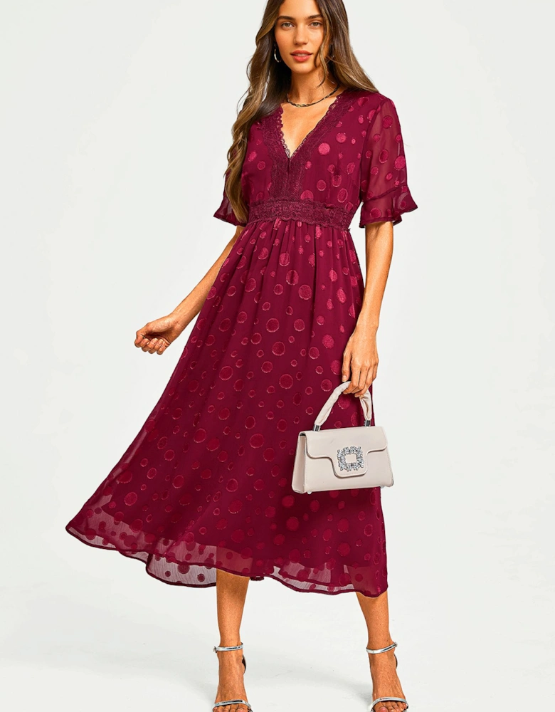 Polka Dot Jacquard Lace Trim V Neck Midi Dress In Wine