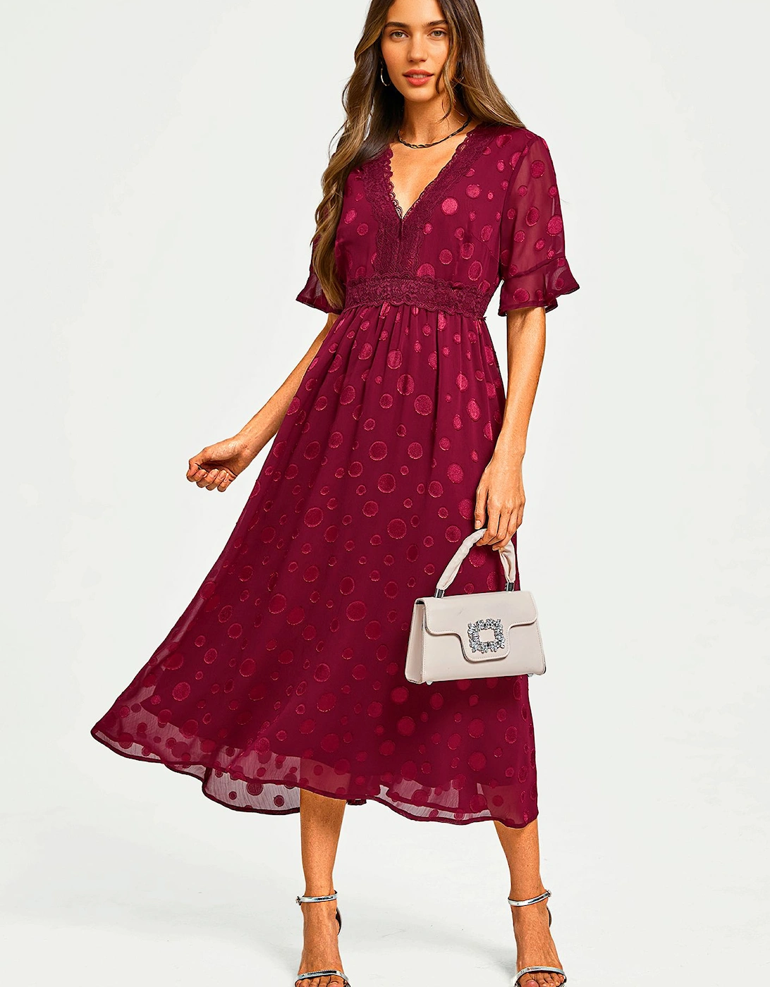 Polka Dot Jacquard Lace Trim V Neck Midi Dress In Wine, 2 of 1
