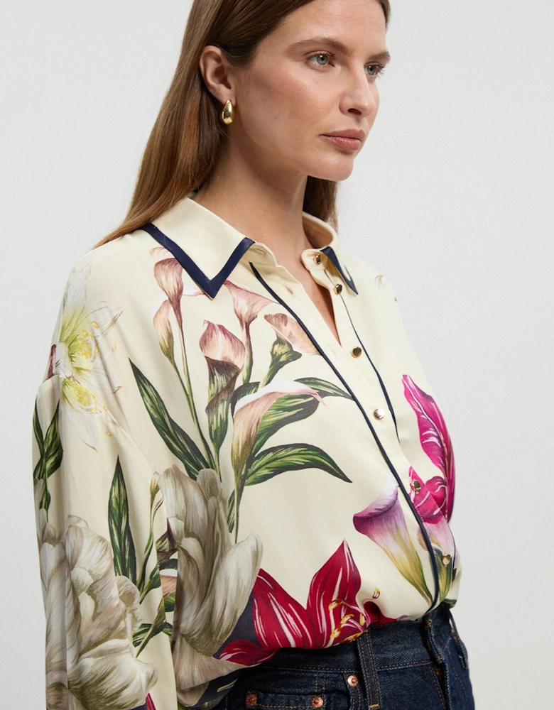 Viscose Satin Floral Print Oversized Woven Shirt
