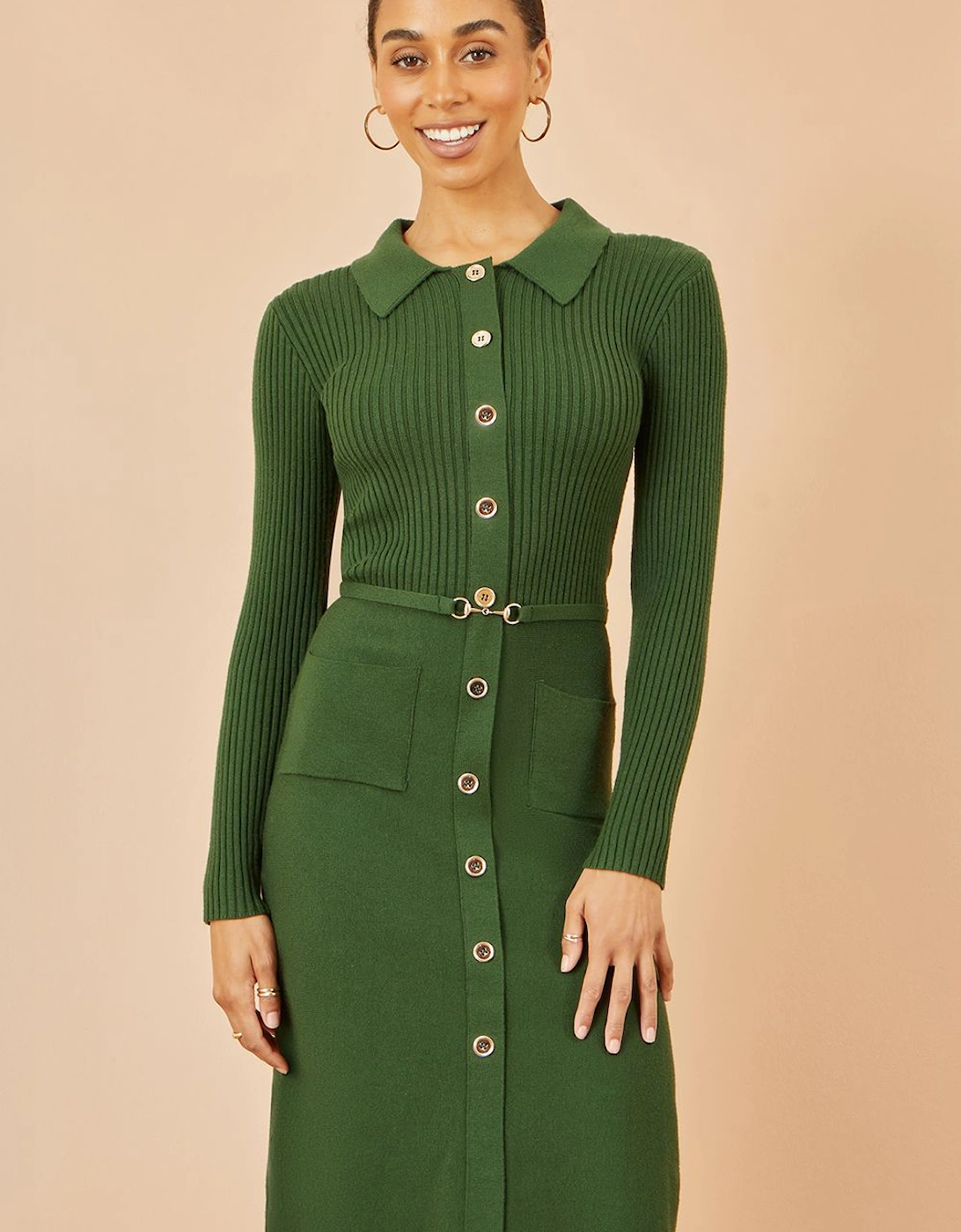 Green Rib Knit Midi Dress With Belt, 2 of 1