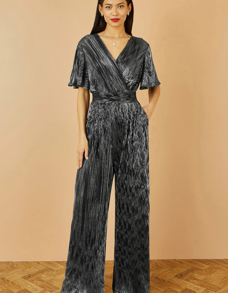 Black Metallic Pleated Jumpsuit With V Neck