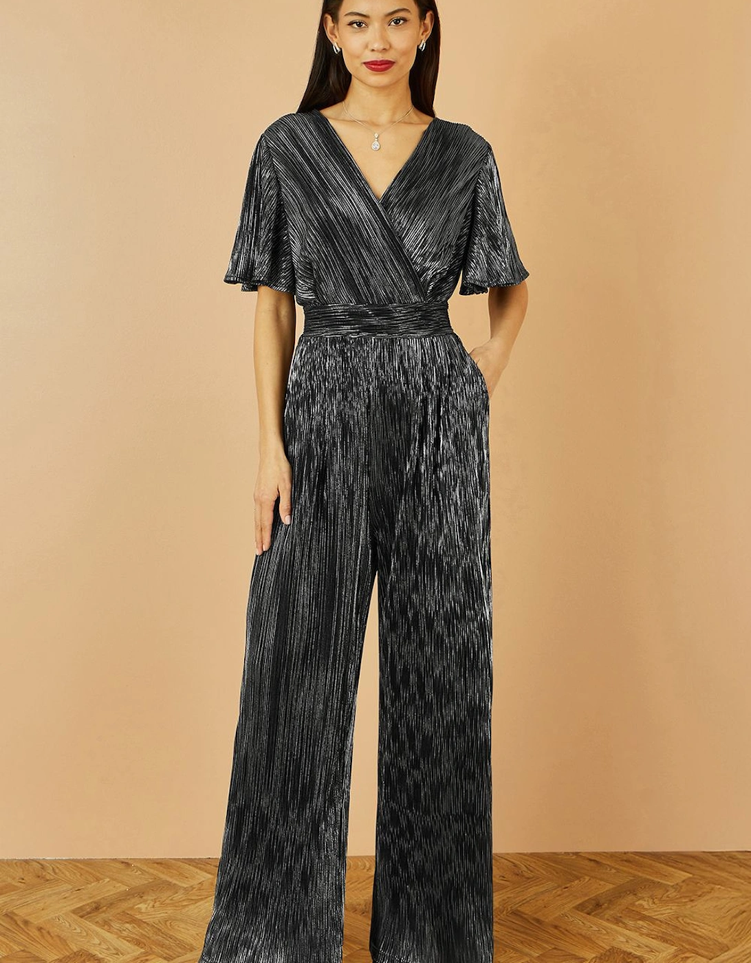 Black Metallic Pleated Jumpsuit With V Neck, 2 of 1