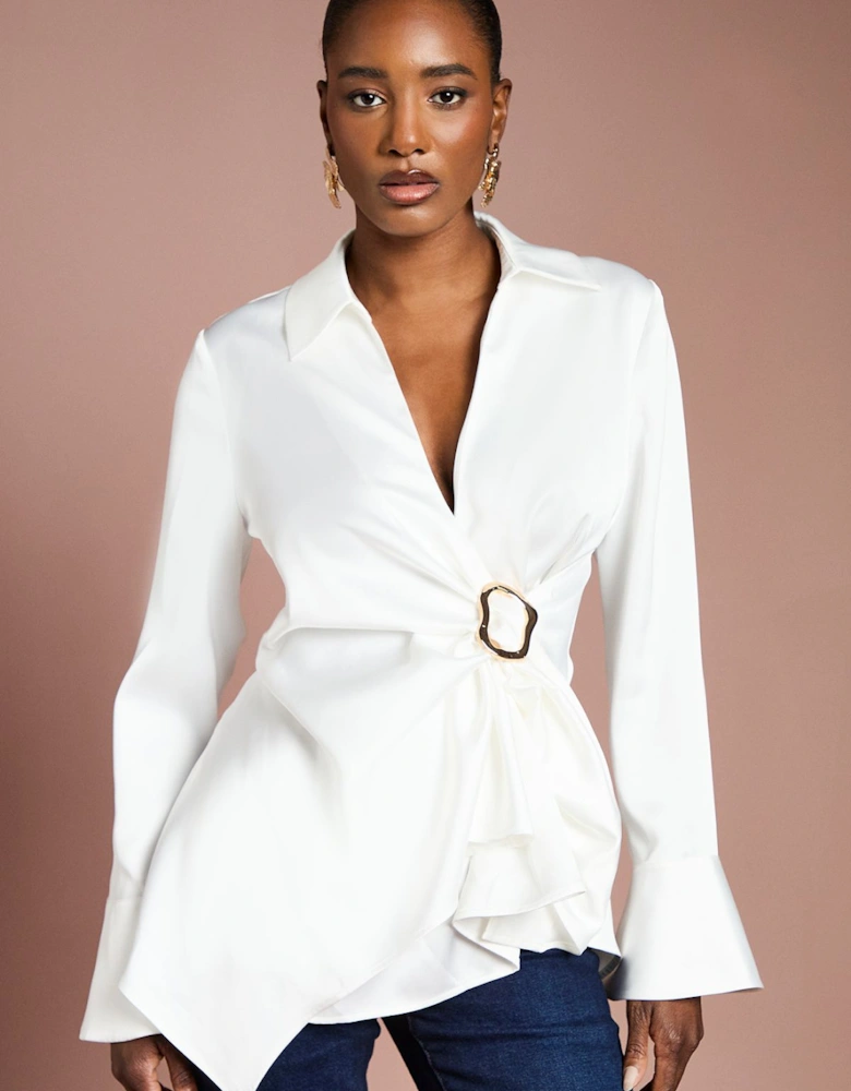 Drape Detail Cuffed Satin Shirt