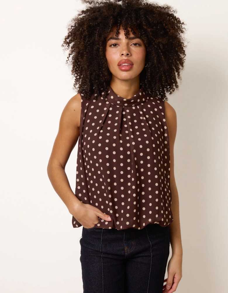 Brown Polka Dot Sleeveless Cowl Neck Top