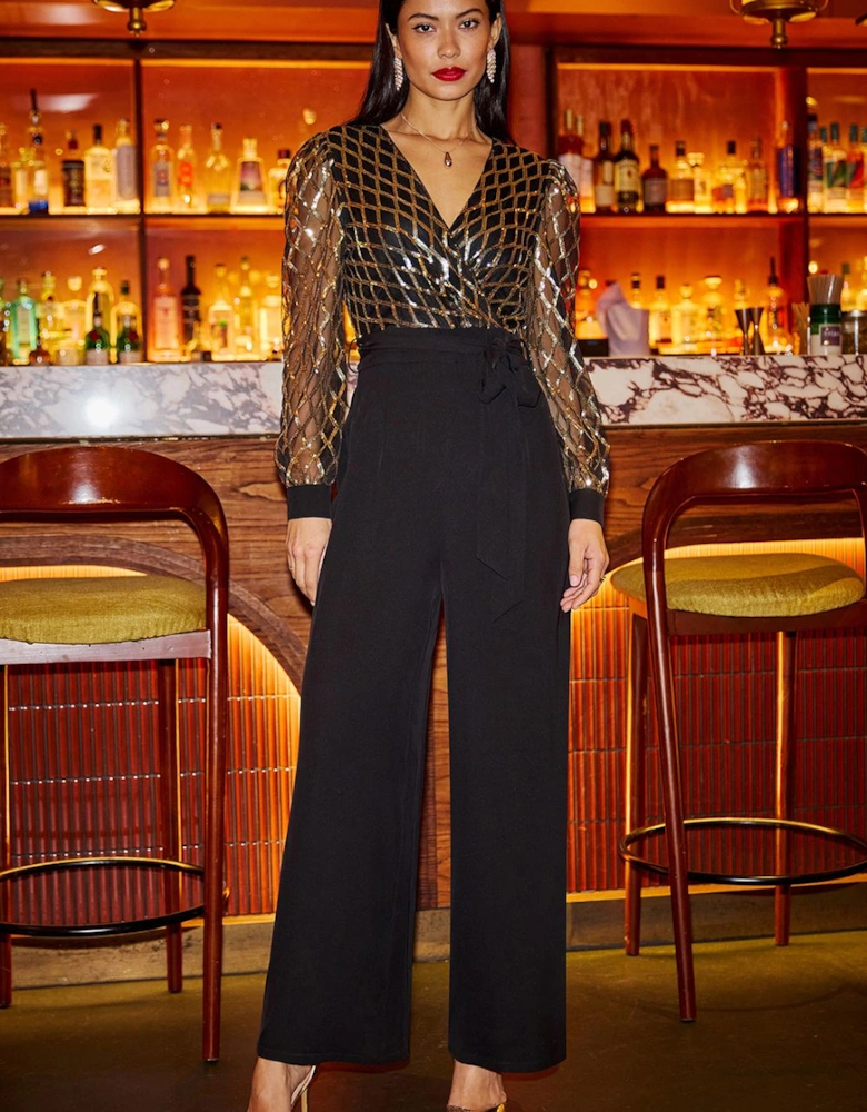 Black And Gold Sequin Wrap Over Jumpsuit