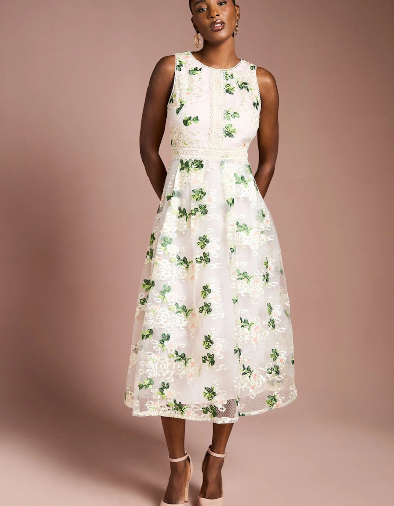 Embroidered Mesh Lace Trim Full Skirted Midi Dress