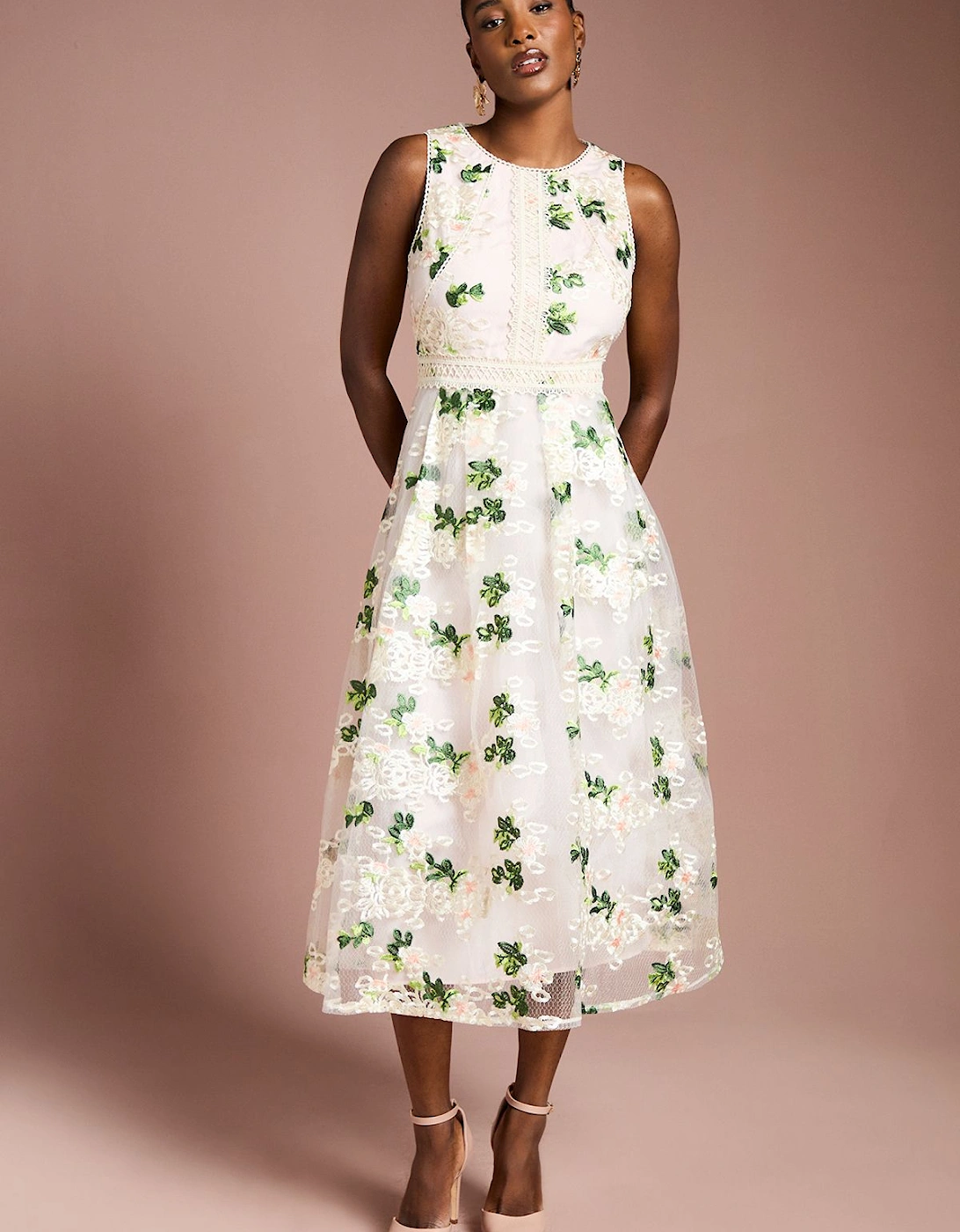 Embroidered Mesh Lace Trim Full Skirted Midi Dress, 2 of 1