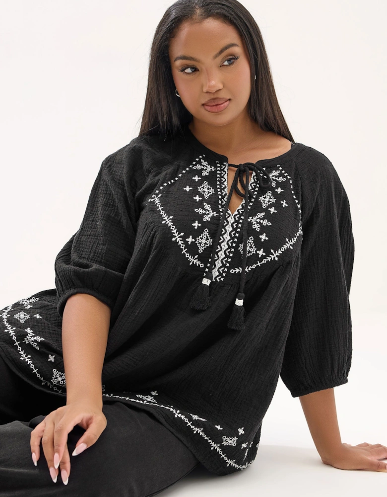 Embroidered Tie Neck Blouse