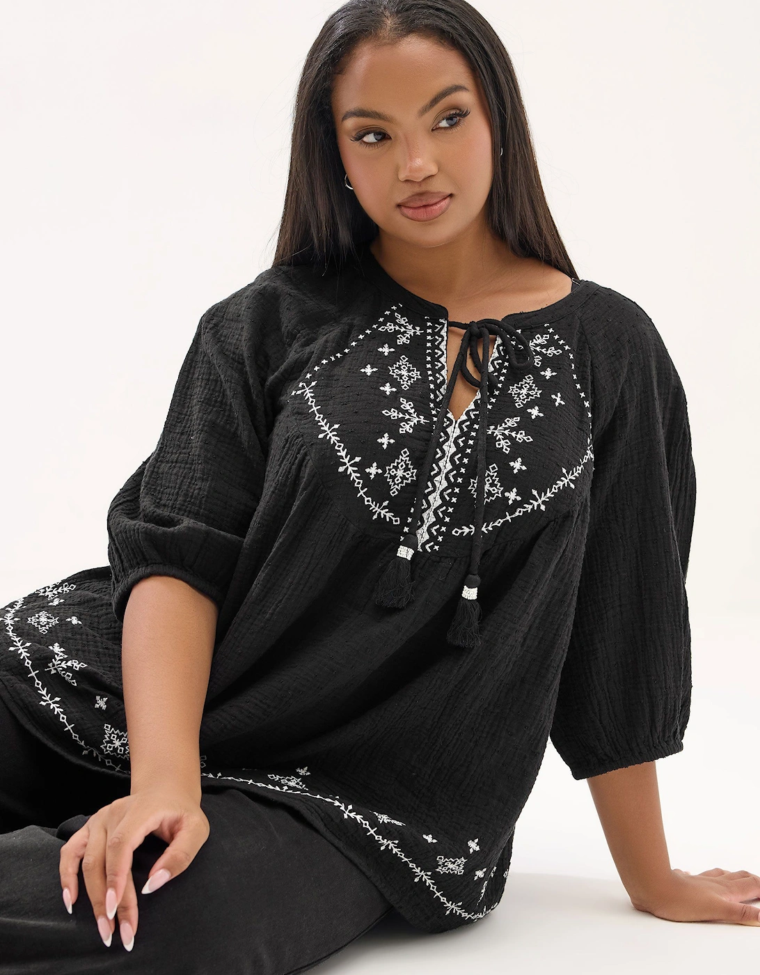 Embroidered Tie Neck Blouse, 2 of 1