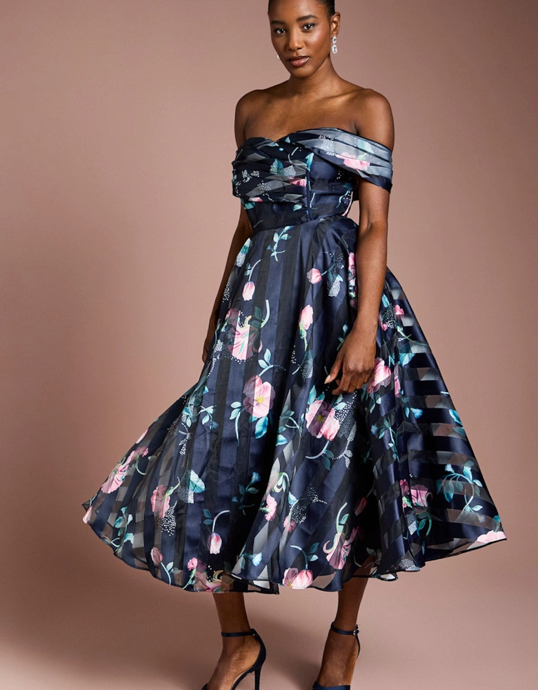 Stripe Organza Pleat Top Midi Dress