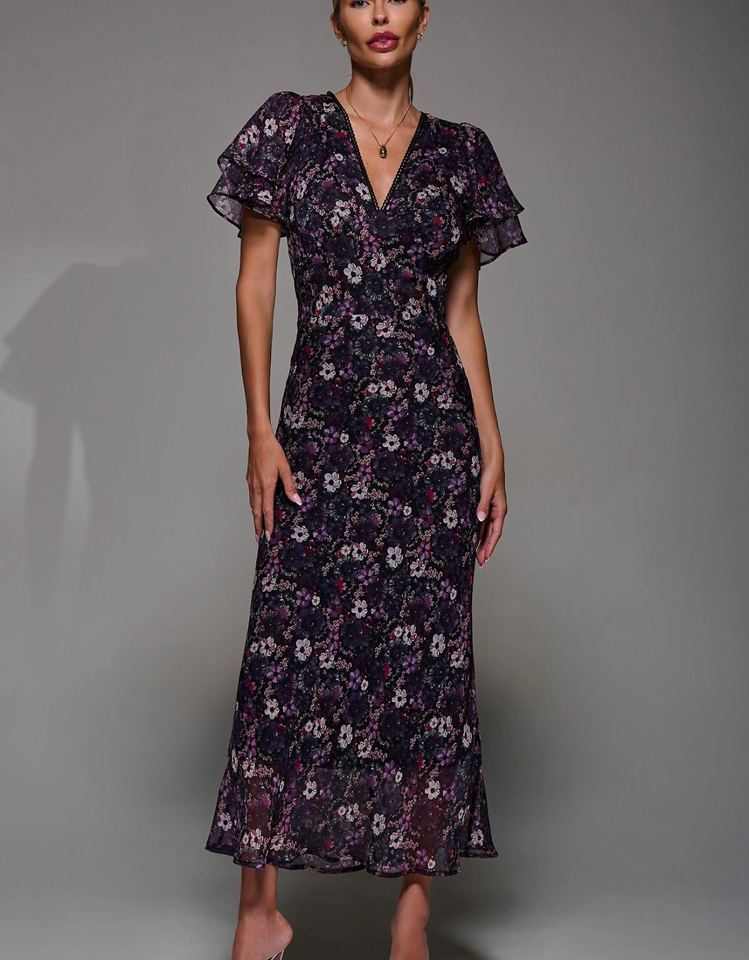 V-Neck Frill Sleeve Chiffon Midaxi Dress, 2 of 1