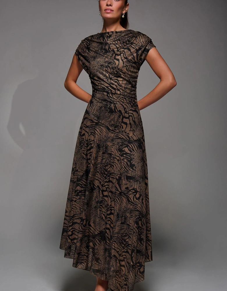 Asymmetrical Draped Slash Neck Midaxi Dress