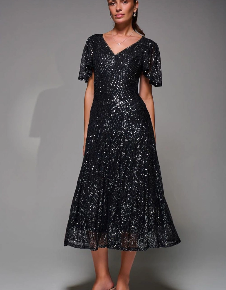Sequin Angel Sleeve Fit & Flare Midaxi Dress