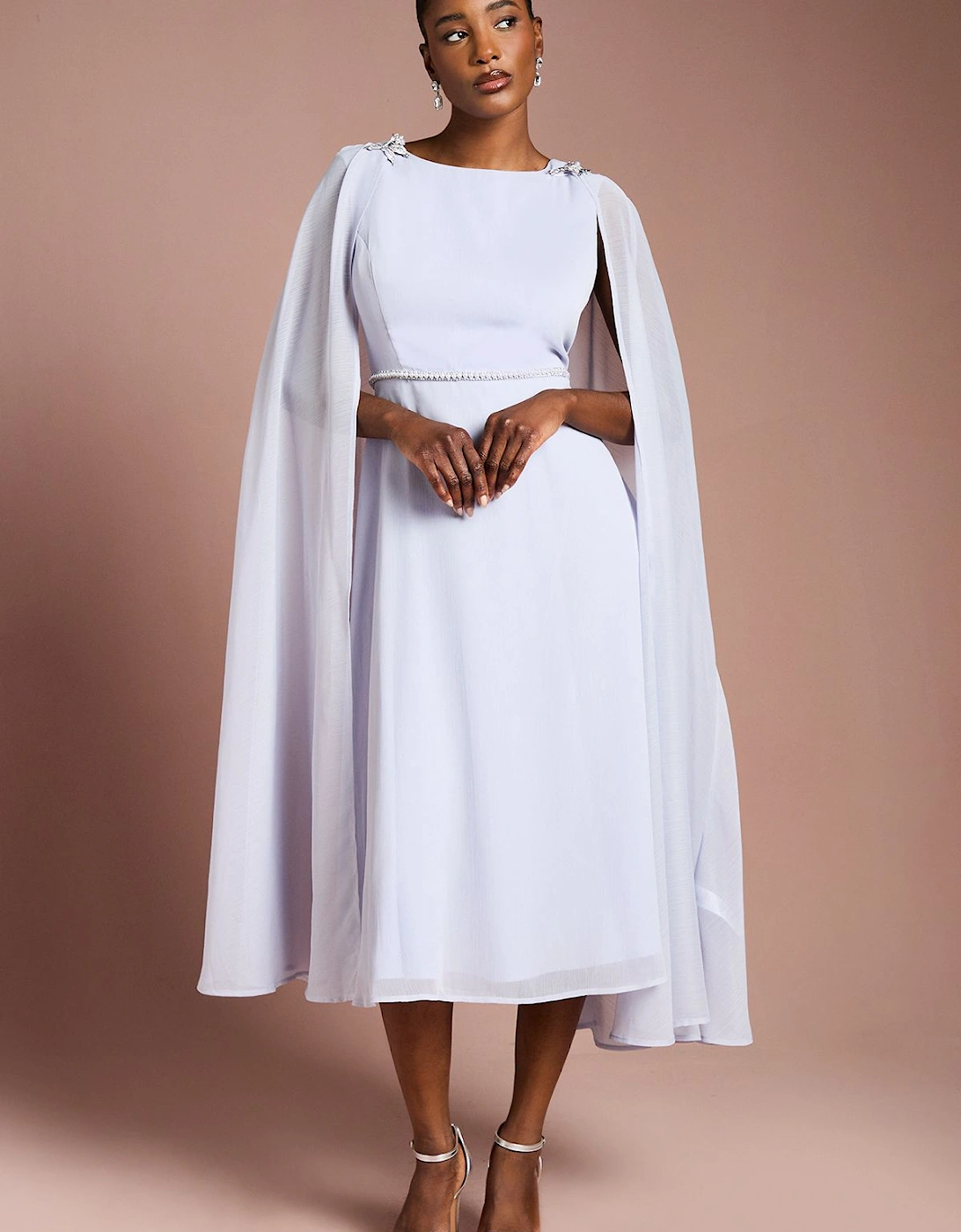 Detachable Cape Georgette Dress with Diamante Broach Detail, 2 of 1