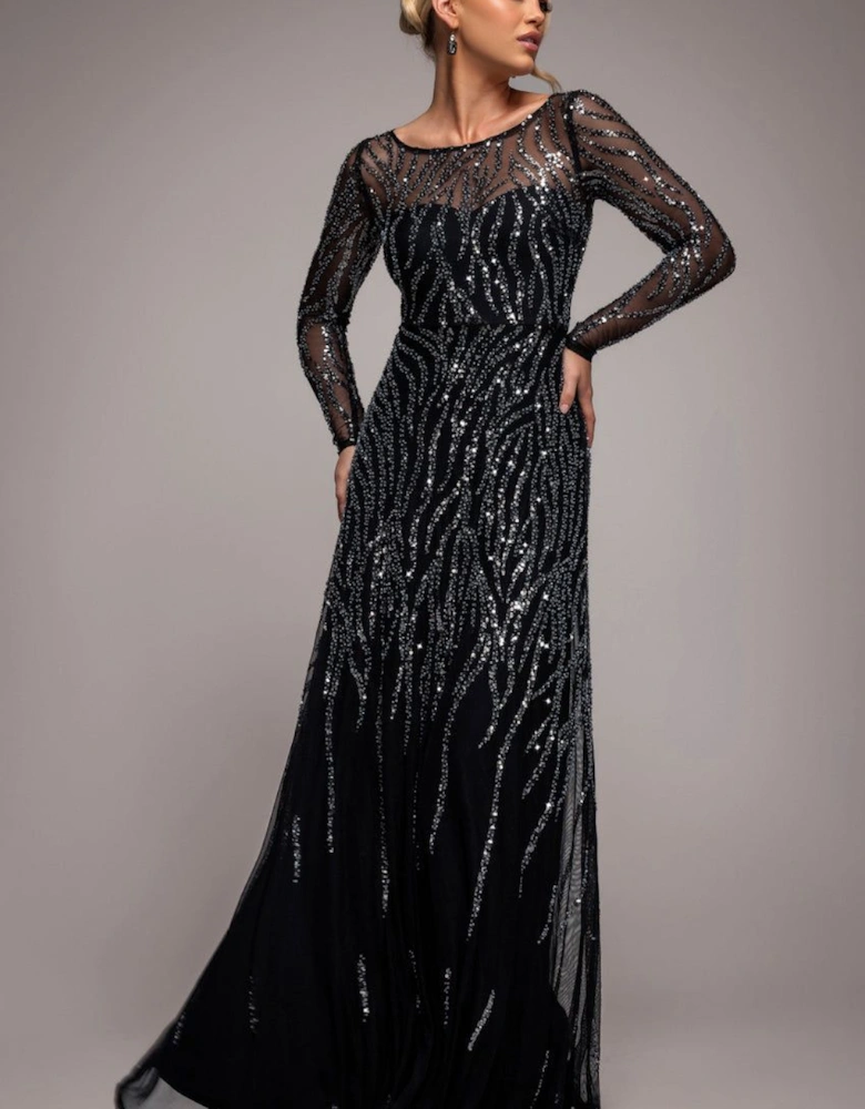 Ombre Sequin Beaded Flared Long Sleeve Maxi Dress