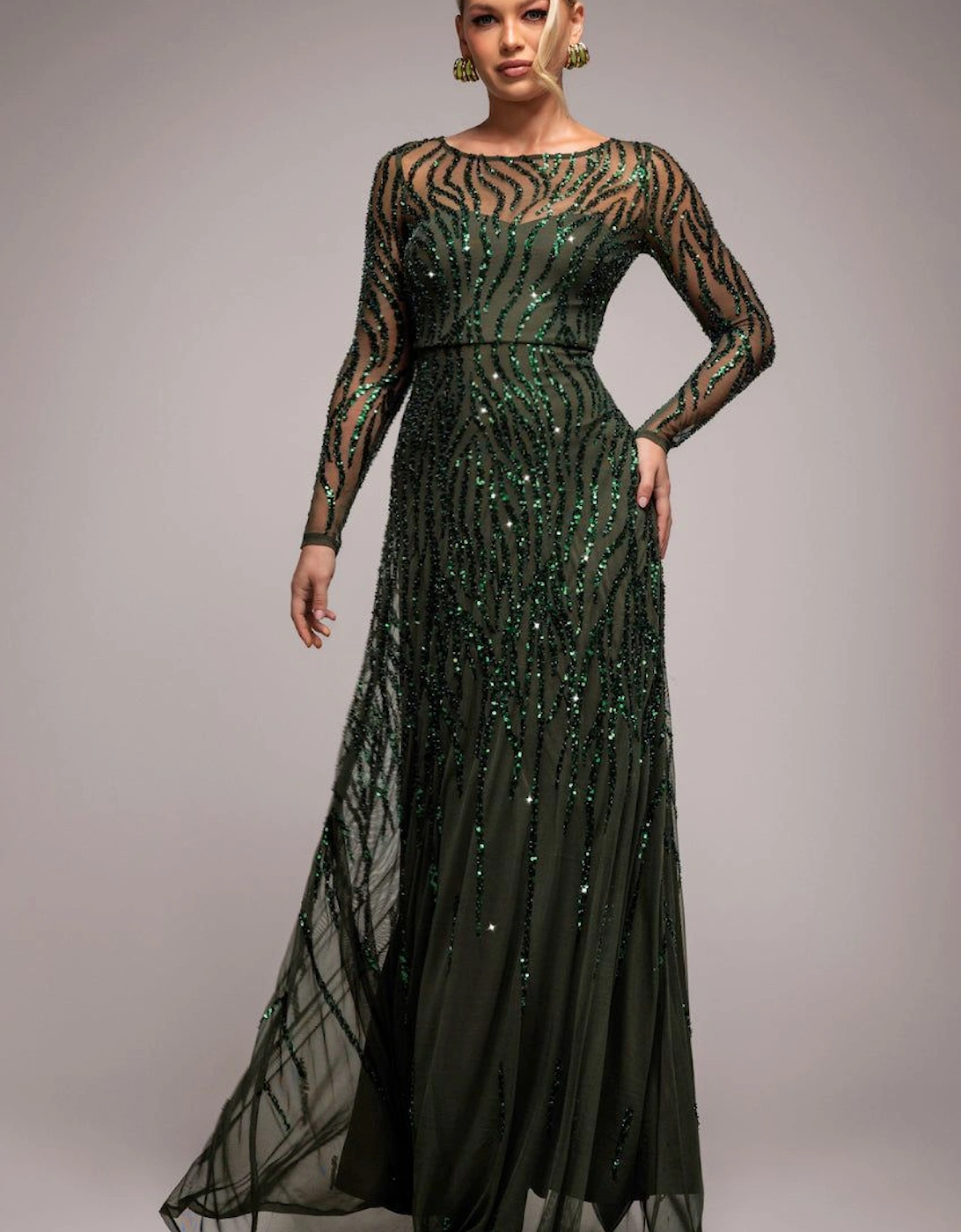 Ombre Sequin Beaded Flared Long Sleeve Maxi Dress, 2 of 1