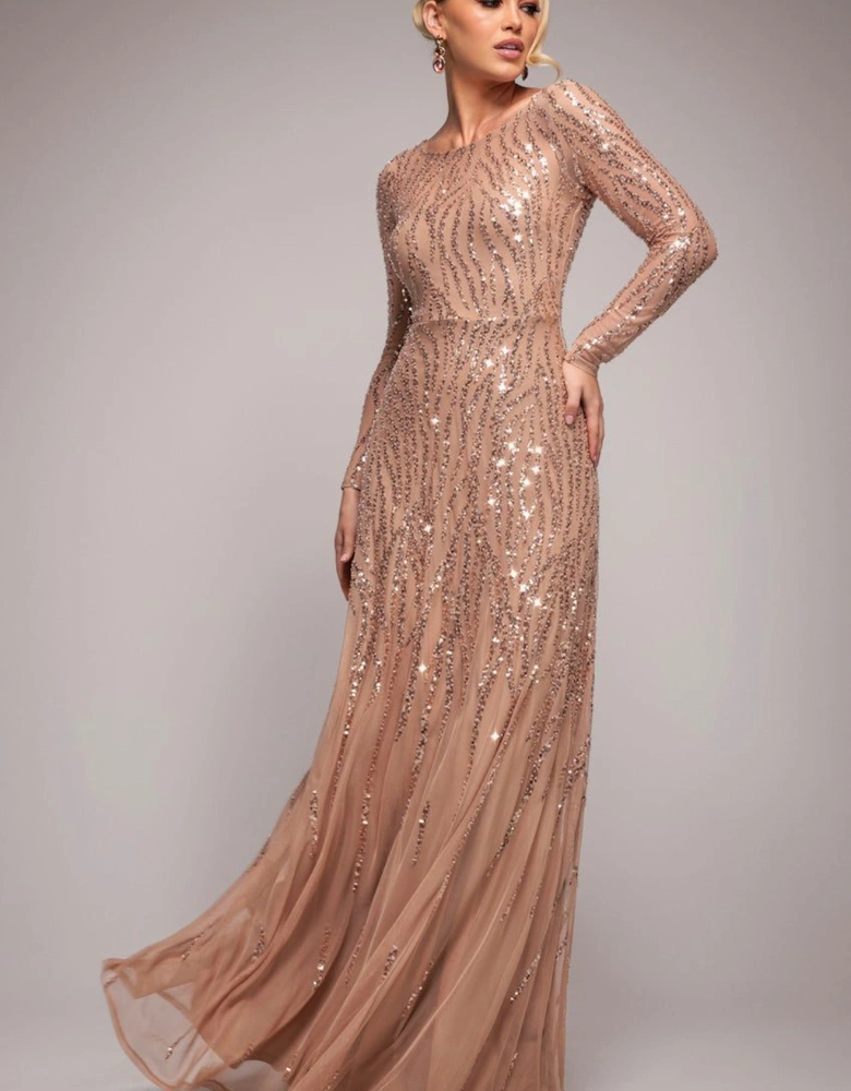 Ombre Sequin Beaded Flared Long Sleeve Maxi Dress