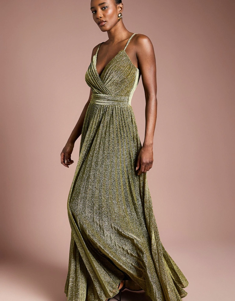 V neck Cami Shimmer Pleated Maxi Dress