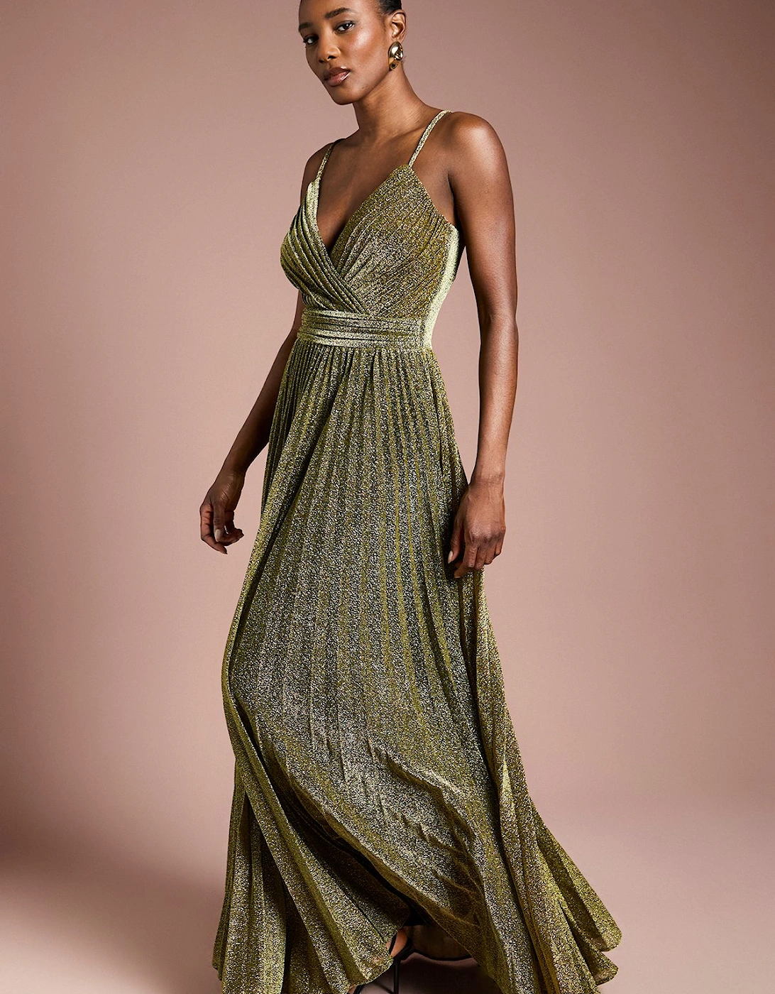 V neck Cami Shimmer Pleated Maxi Dress, 2 of 1