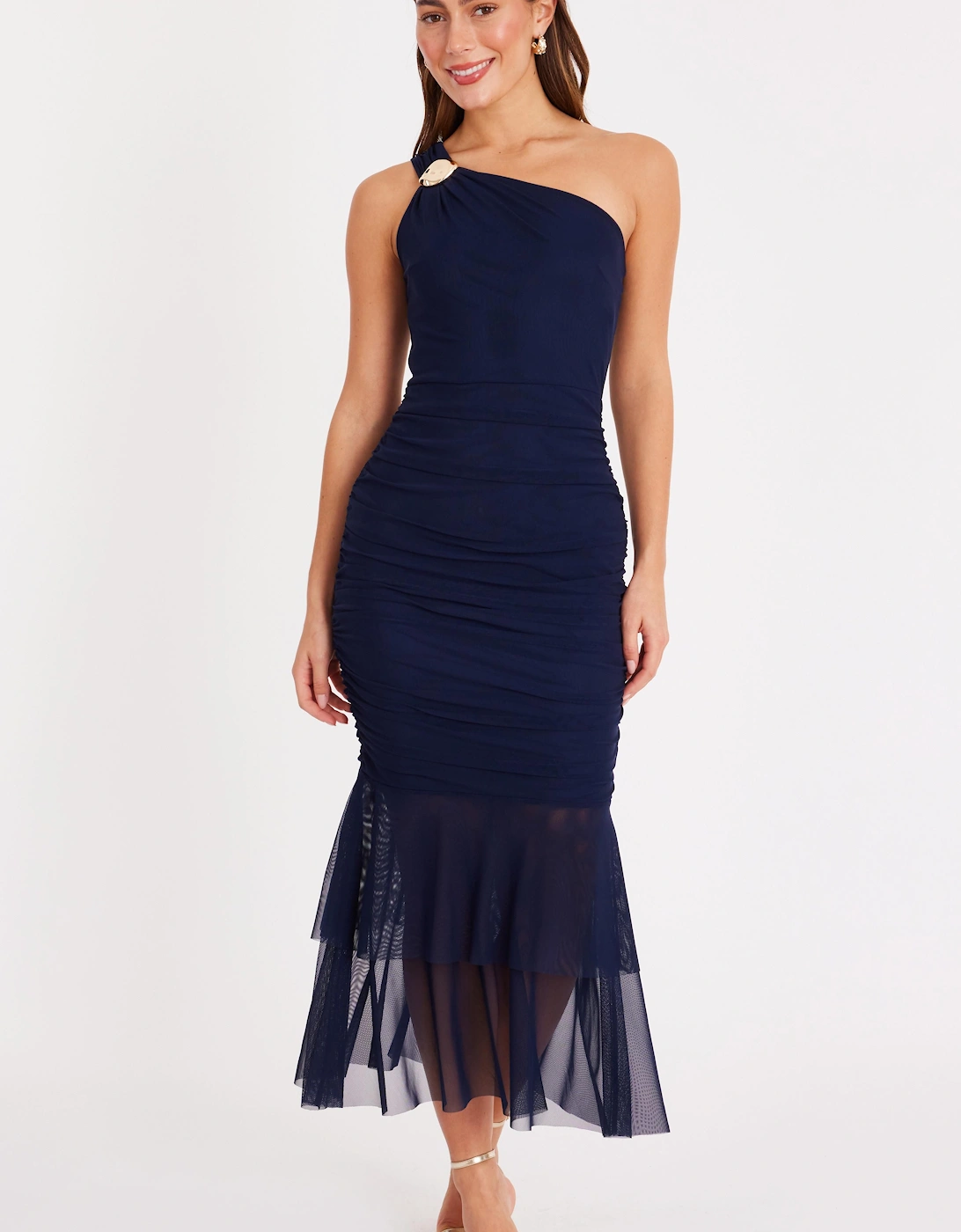 Navy Mesh One Shoulder Midaxi Dress, 2 of 1