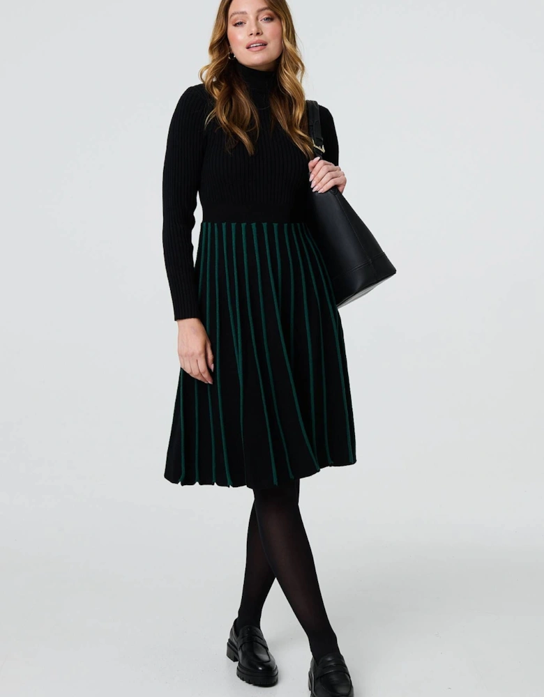 Striped Knit Top High Neck Midi Dress
