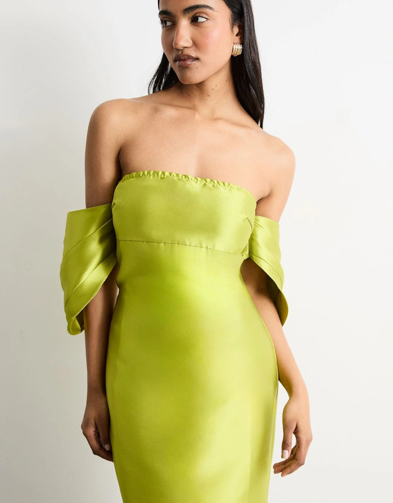 Structured Puff Sleeve Bardot Midi Dress