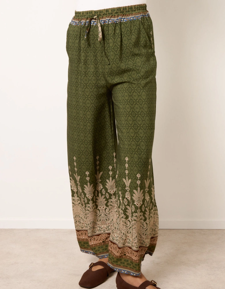 Khaki Mosaic Tile Border Print Trousers