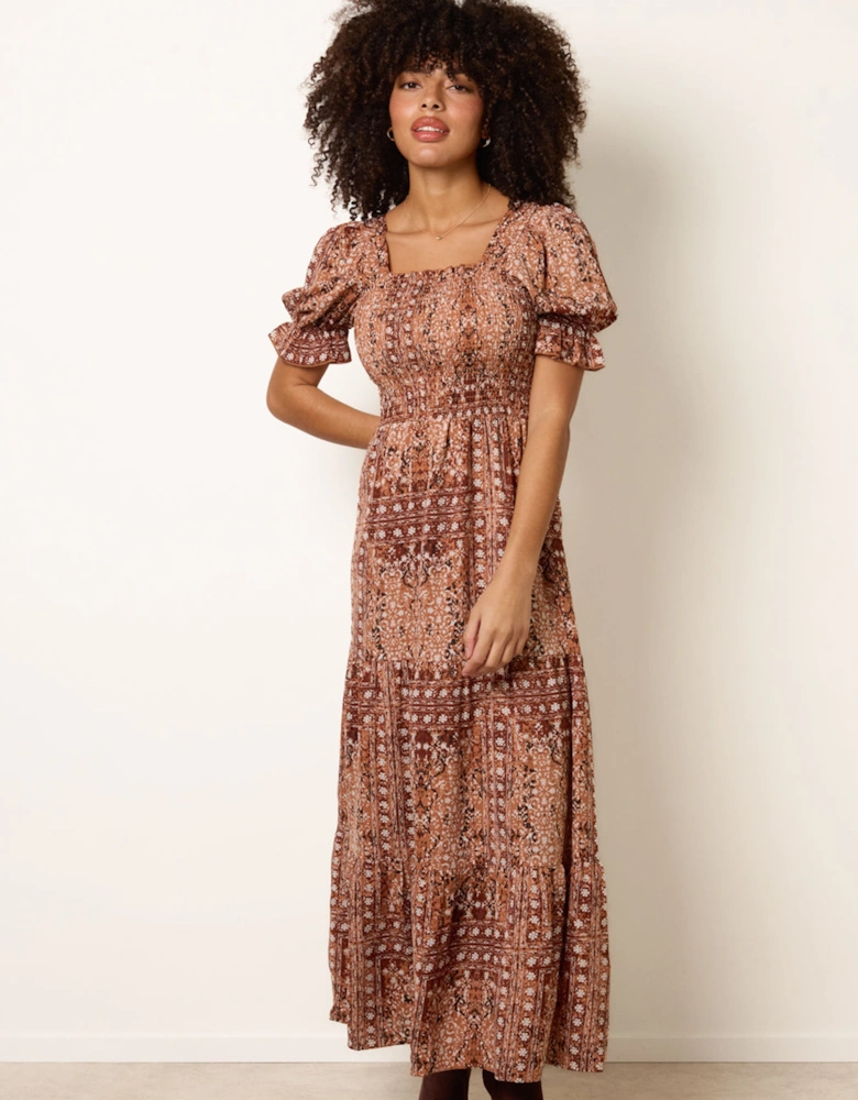 Brown Milkmaid Square Neck Short Puff Sleeve Dress