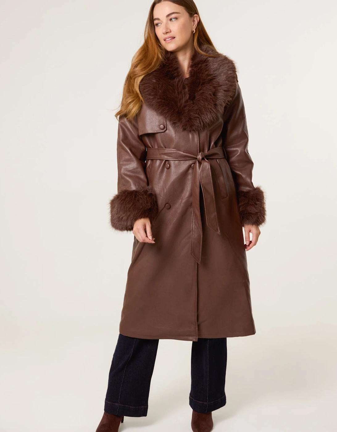 Brown Faux Fur Cuff & Collar Coat, 2 of 1
