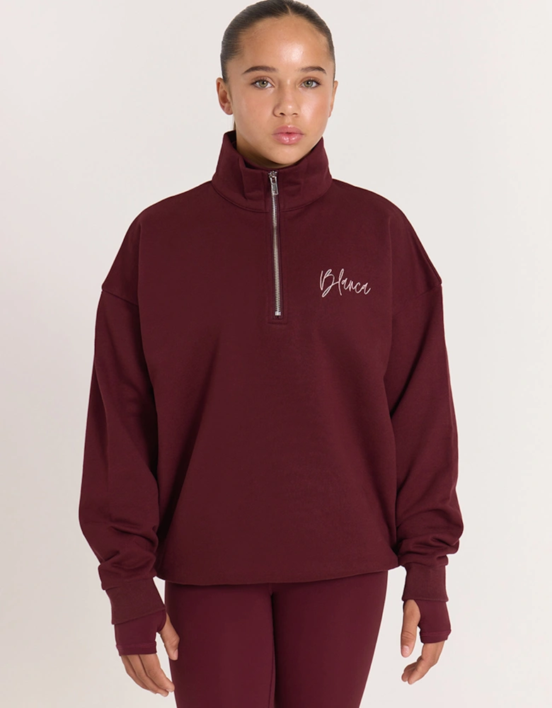 Girls Oversized Funnel Zip Hoodie in Red