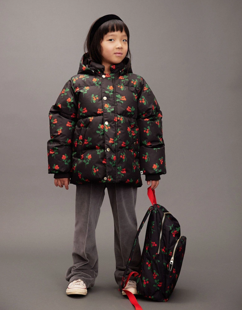 Girls Lingonberries AOP Hooded Puffer Jacket in Black
