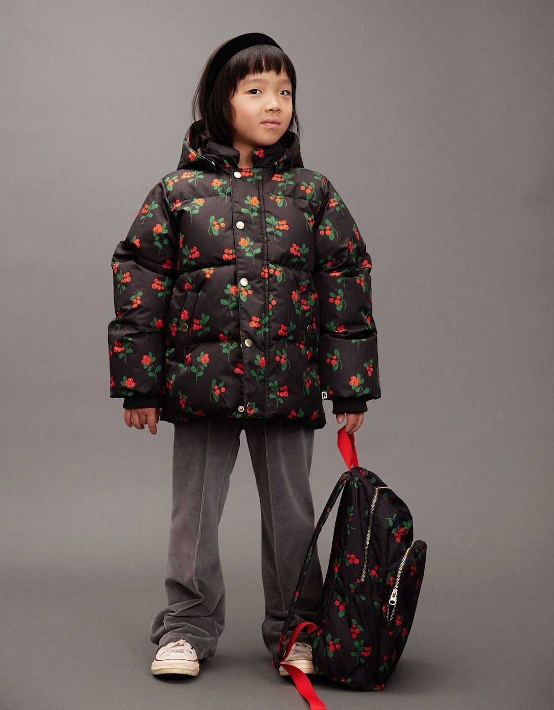Girls Lingonberries AOP Hooded Puffer Jacket in Black