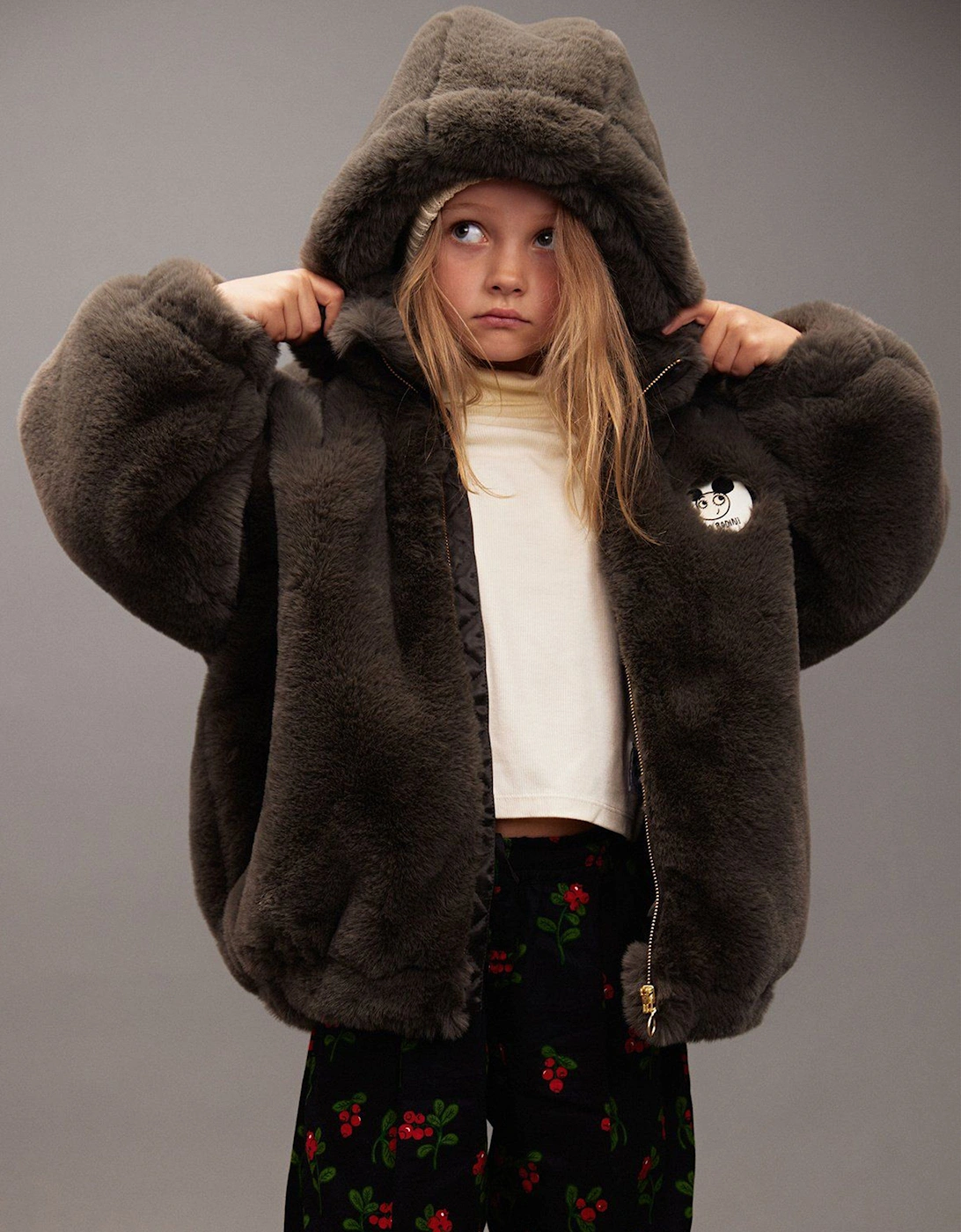 Girls Ritzratz Patch Faux Fur Jacket in Grey